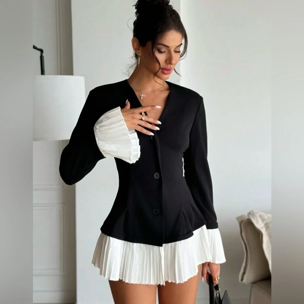 Waist Cinched A-Line Deep V Pleated Ruffle Elegant Office Blazer - Picture 2 of 4